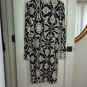 Tory Burch Black and White Floral Silk Long Sleeve Dress, Size L